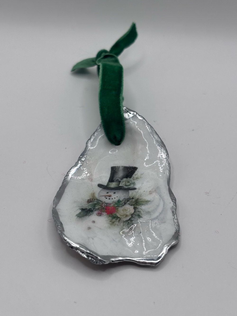 Holiday Snowman Oyster Shell Ornament with Green Velvet Ribbon - Home Holiday - Picture 2 of 4